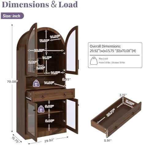 70"Tall Arched Glass Wine Cabinet with Adjustable Shelf & Wine Rack, Walnut - Image 2