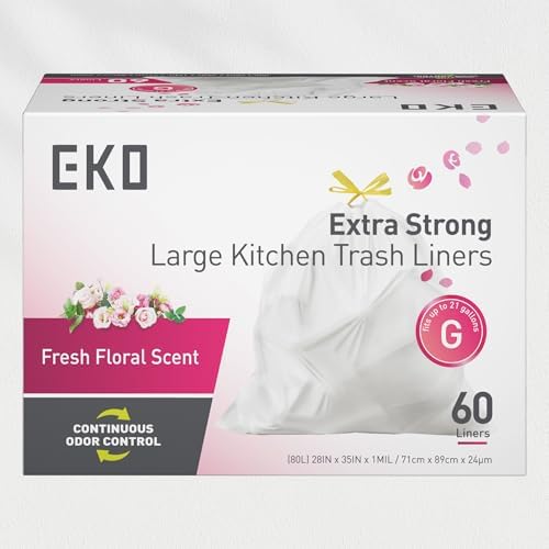 EKO 21 Gallon / 50-90 Liter, 60 Count Drawstring Trash Bags, Extra-Strong Garbage Bags, Fresh Floral Scent with Continuous Odor Control, Easy-Dispense Roll for Kitchen and Household Use, Code G, White - Image 4