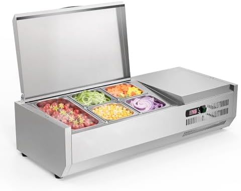 ROVSUN Refrigerated Condiment Prep Station, 40" Sandwich Prep Table ETL NSF, 18QT Salad Bar Prep Rail w/Auto Defrost, Temp Control, Stainless Steel Cover, 1/3 Pan & 4 1/6 Pan for Restaurant Food Truck by ROVSUN