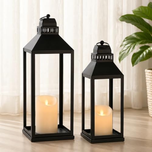 Decorative Lanterns Indoor Outdoor, 2Pcs 17" 13" Black Lantern with Candles by MATAHUMbeyourbetterchoice