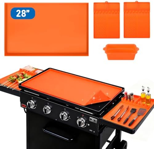 28" Silicone Grill Mats Compatible with Blackstone Griddle Accessories, 4 Pcs Full Edge Silicone Griddle Cover, BBQ Cooking Kitchen Outdoor Camping Accessories, Orange by Unknown