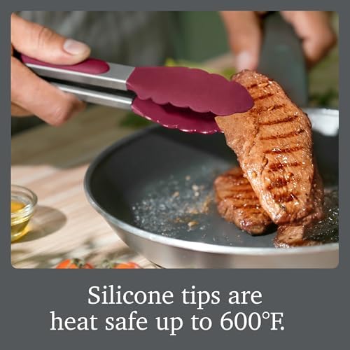 Tovolo Stainless Steel Tongs with Silicone Tip Set 9" 12" with Easy Lock Mechanism for Grilling Air Fryer Cooking Serving Salad, Heat Resistant Silicone Tipped Kitchen Tongs Sangria Red Black - Image 4