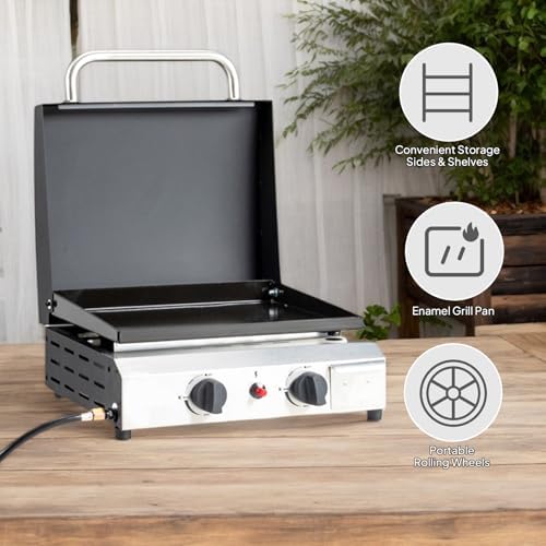 ROVSUN 2 Burner Portable Propane Griddle with Ignition, 20,000 BTU Tabletop Flat Top Gas Grill with Enameled Tray & Lid for Outdoor Cooking Camping BBQ Tailgating Picnicking - Image 4