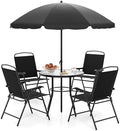 Tangkula 6 Pieces Patio Dining Set with Umbrella, Outdoor Table and Folding Chairs Set with 4 Armchairs and Round Tempered Glass Table for Garden, Deck, Lawn and Backyard (Black) by TANGKULA