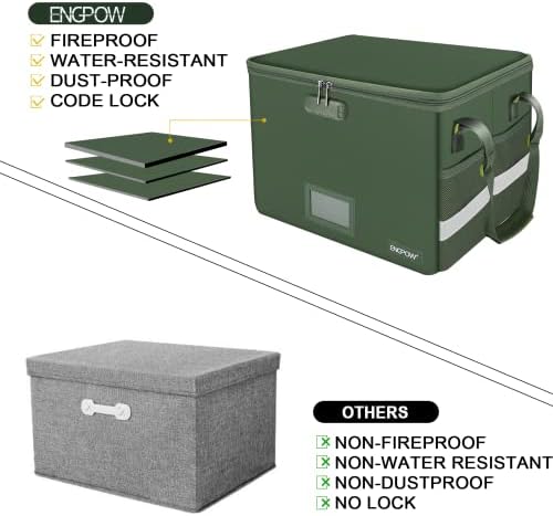 ENGPOW File Box with Lock, Fireproof Document Box with Pockets, Collapsible File Organizer Filing Storage Cabinet with Handle, Portable Home Office Safe for Hanging Letter/Legal Folders,Green,2 Pack - Image 6