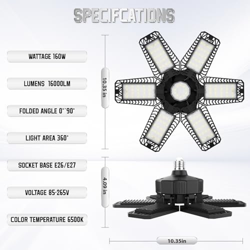 Garage Lights 8 Pack 160W, 16000LM LED Garage Lights with 6+1 Deformable Panels 6500K Screw in LED Shop Lighting for Workshop, Basement Support E26/E27 - Image 4