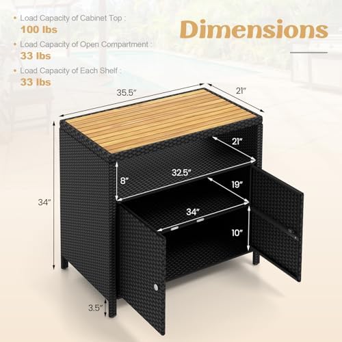 Tangkula Rattan Outdoor Storage Cabinet, Patiojoy Outdoor Cabinet with Acacia Wood Countertop, Open Compartment, 2-Door Wicker Sideboard, Outdoor Bar for Patio Garden Backyard Poolside (Black) - Image 3