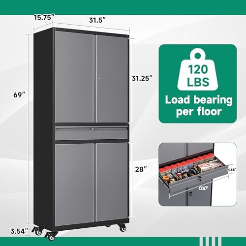 Letaya Metal Garage Storage Cabinet with Wheels,72” Rolling Tool Cabinet with 4 Door Lock-Adjustable Shelves and Drawer for Garage Home Office Utility Room (Black&Gray with Wheels) - Image 3