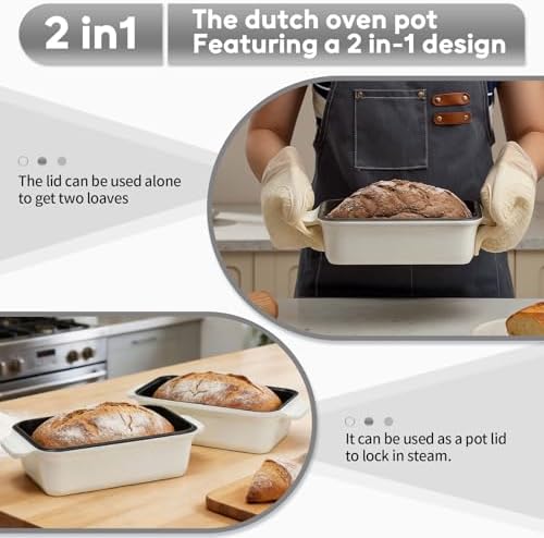Enameled Cast Iron Dutch Oven for Sourdough Bread Baking, 9×5 Dutch Oven Pot with Lid, 2 in 1 Bread Baking Pans with Lid, Roasting & Braising, Easy Release, Oven & Induction Safe (4.2 QT,White) - Image 3