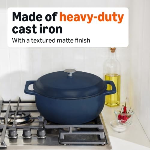 Amazon Basics Enameled Cast Iron Dutch Oven Pot With Lid, 6-Quart, Round, Dual Handles, Heavy-Duty, Oven Safe for Stews, Roasting & Baking, Matte Navy - Image 5
