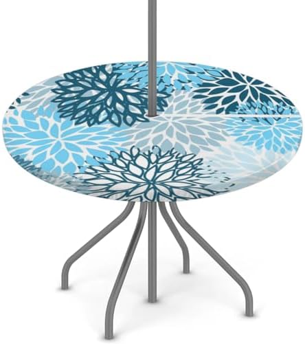 Round Tablecloth with Umbrella Hole and Zipper Elastic Fitted Table Cloth 36"-44" Oil-Proof Waterproof Chrysanthemum Patio Table Cover for Outdoor Dining Picnic Party, Spring Summer Blue Floral by GzLeyigouHomeKitchen