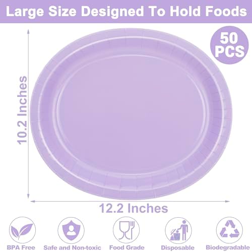 50 Count Lavender Paper Plates Oval Heavy-duty Light Purple Tableware Set - Image 2