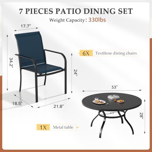 Incbruce 7 PCS Patio Dining Set, Outdoor Dining Set of 6 Textilene Chairs and 53" Round Table with Umbrella Hole for Backyard, Garden, and Poolside (Blue) - Image 4