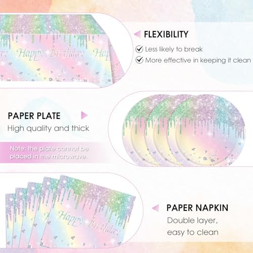 41Pcs Pastel Birthday Decorations Pastel Rainbow Tableware Set Disposable Paper Plates,Napkins,Tablecloth丨Rainbow Birthday Decorations for Girls,Baby Shower,Bridal Wedding Party Supplies,Serve 20 - Image 3