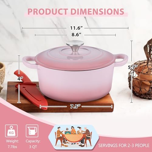 E-far 3 Qt Enameled Cast Iron Dutch Oven with Lid, Small Round Nonstick Dutch Oven Pot for Bread Baking Braising Stews Roasting Cooking, Heavy Duty, Induction & Oven Safe - Pink - Image 2