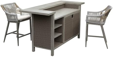 Outdoor Bar Table Set of 3 with 2 Stools, Wicker, Aluminum, Gray - Image 2