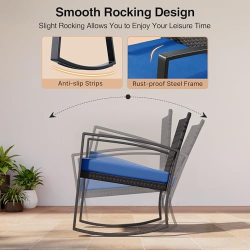 Qsun 3 Piece Patio Bistro Set Patio Furniture Set Outdoor Wicker Rocking Furniture Conversation Set with Tempered Glass Coffee Table for for Front Porch Balcony and Deck (Blue Cushion) - Image 3