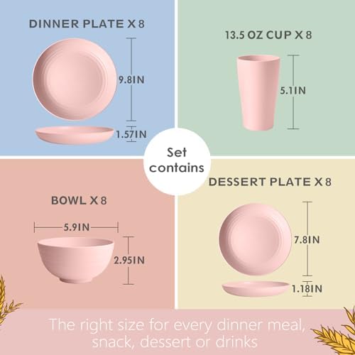 Teivio 32-Piece Plates and Bowls Sets for 8, Pink Kitchen Dinnerware Sets - Image 2