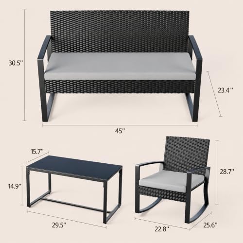 Ahomly 4 Piece Outdoor Patio Furniture Set, Wicker Patio Furniture with Glass Coffee Table, Rocking Wicker Bistro Set, for Backyard, Poolside, Porch (Grey) - Image 2