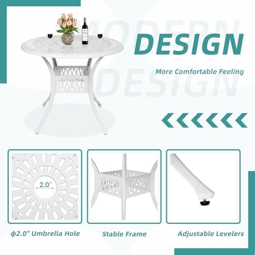 MEETWARM 5-Piece Outdoor Patio Dining Set, All-Weather Cast Aluminum Patio Conversation Set for Backyard Garden Deck with 4 Chairs and 35.4" Round Table with Umbrella Hole, White - Image 7