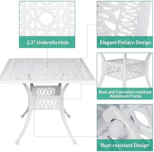 VIVIJASON 5-Piece Outdoor Patio Dining Set, All-Weather Cast Aluminum Conversation Set, Patio Furniture Set, Include 4 Chairs, a 35.4" Square Table w/Umbrella Hole, White - Image 2