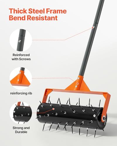 VEVOR Rolling Lawn Aerator, 15 in Manual Push Aerator Roller with 42 Spikes & 60 in Long Handle, Fillable Drum for Added Weight, Heavy-Duty Lawn Soil Penetrator for Garden Yard Compacted Soils - Image 3