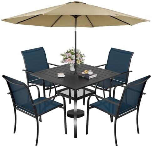 Incbruce 6 Pieces Patio Dining Set with Brown Umbrella, Outdoor Dining Set of 4 Textilene Chairs and Square Table with Umbrella Hole for Backyard, Garden, and Poolside (Blue) by Incbruce