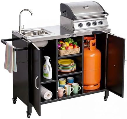 ROVSUN Outdoor Grill Cart with Sink, 304 Stainless Steel Sink, Propane Tank Storage, Rolling Kitchen Prep Table with Cabinet, Paper Rack & Rubbish Rack by ROVSUN