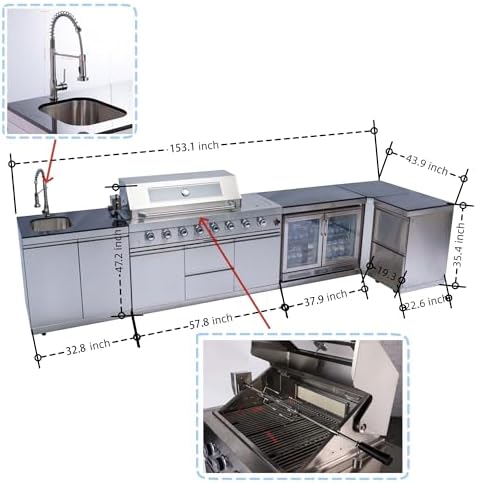 153-Inch 6-Burner Propane Gas Outdoor L-Shaped Island, 96000 BTU Grill 304 SS BBQ with 140L Wine Cooler, Rotisserie, Granite Countertops Storage Cabinets & Drawers, for Patio Backyard BBQ, Silver - Image 2