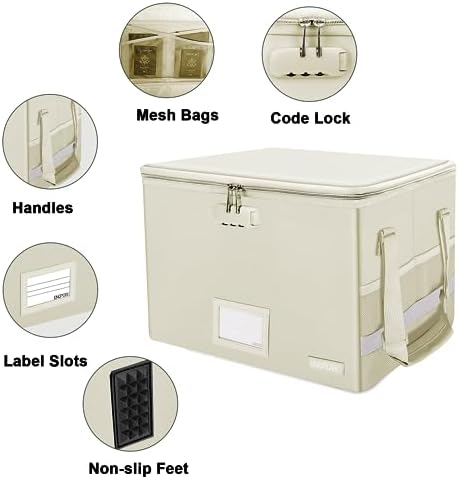 ENGPOW File Box with Lock,Fireproof Document Box with Zipper Lid,Collapsible File Storage Organizer Filing Cabinet with Handles,Portable Home Office Safe for Hanging Letter/Legal Folders,Beige,2 Pack - Image 3