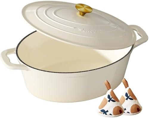 Enameled Cast Iron Dutch Oven, 9.3QT Pot with Lid, Cream White by SUNOUTLY