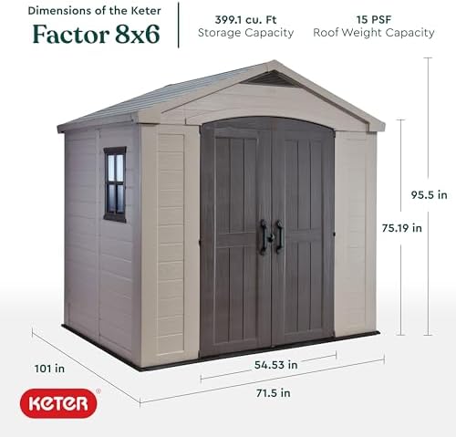 Keter Factor (8x6 ft) Large Resin Outdoor Storage Shed for Patio Furniture, Lawn Mower, Garden Accessories Yard Tools, and Pool Toys, Taupe - Image 3