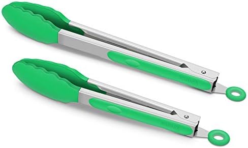 2 Pack Silicone Kitchen Tongs, 9 & 12 Inch, Stainless Steel, Dark Green by ALLWIN-HOUSEWARE
