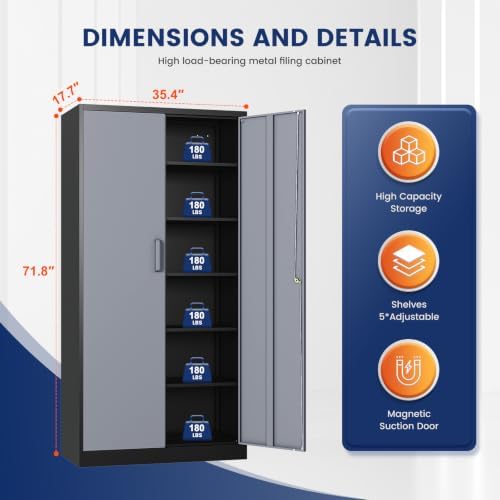 Yizosh Metal Storage Cabinet with Locking Doors and 5 Adjustable Shelves, 72" Garage Storage Cabinet Steel Lockable for Office,Home,Garage - Image 3