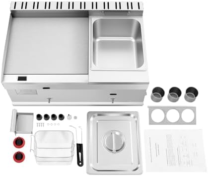 Gas Griddle, 6L/1.59Gal Stainless Steel Griddle & Deep Fryer Combo Gas Deep Fryer Gas Grill Griddle with Oil Draining Basket, Lid & 3 Spice Boxes, Commercial Griddle with Fryer for RV, Camping - Image 3