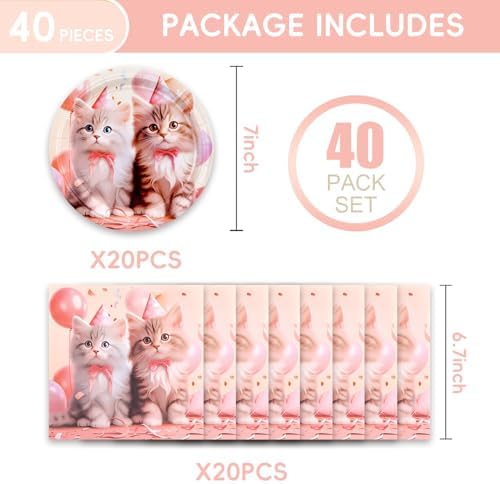 Egami 40pcs Cat Party Supplies,include 20 Dessert plate and 20 Napkin,kitten Party Plate Napkin Set,Used for Cat Party Decoration - Image 2