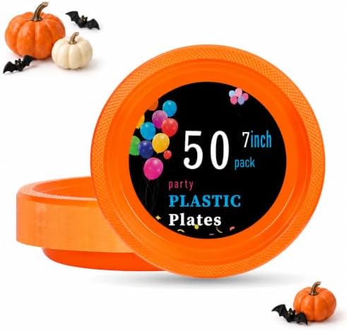 WELLIFE Orange Plastic Plates 7 Inch 50 Count Halloween Plates by WELLIFE