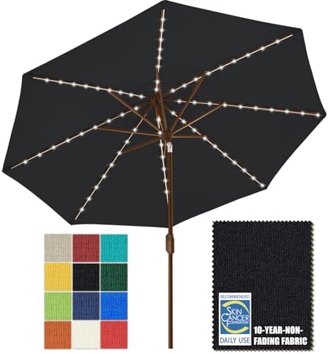 EliteShade USA 10-Year-Non-Fading 9ft Market Patio Umbrella, Commercial Grade Table Sun Umbrella with 80 Solar LED Lights, Crank Open, Windproof & UPF 50+ UV Protection for Garden, Deck, Pool, Backyard, Black by EliteShade