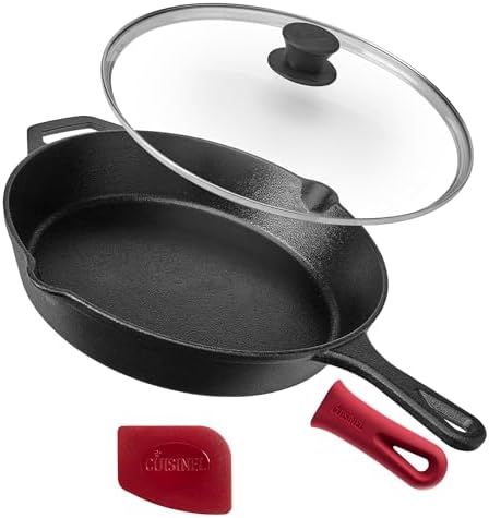 Cuisinel Cast Iron Skillet with Lid - 12"-Inch Frying Pan + Glass Cover + Silicone Handle Holder - PFAS and PFOA-free Pre-Seasoned Oven Safe Cookware - Indoor/Outdoor Use - Grill, BBQ, Fire, Stovetop by Cuisinel