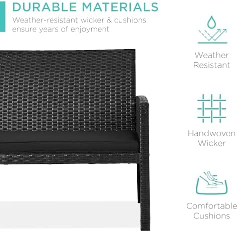 Best Choice Products 4-Piece Outdoor Wicker Patio Conversation Furniture Set for Backyard w/Coffee Table, Seat Cushions - Black/Black - Image 3
