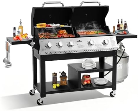 Outdoor Grill Griddle Combo, 54,000 BTU Propane BBQ with 627 SQ.IN. Cooking Area, Porcelain Cast Iron Grates, Foldable Tables, Locking Wheels & Storage Cabinet for Backyard by TIMSATIO