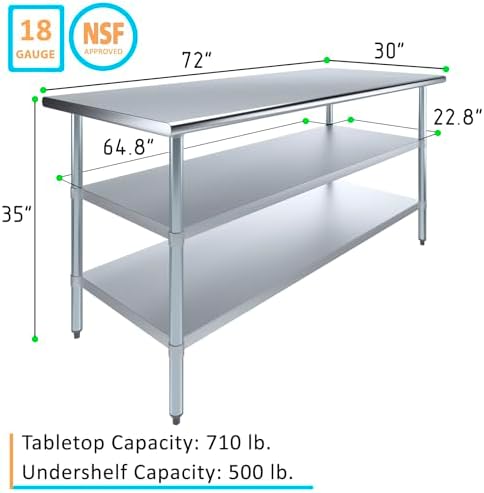 60" x 30" Stainless Steel Work Table with 2 Adjustable Undershelves NSF - Image 3