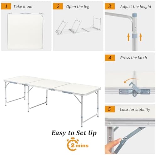 6.0 Ft Folding Portable Camping Table, White - Image 6