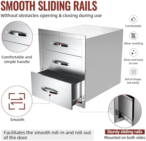 Outdoor Kitchen Drawers Stainless Steel, BBQ Drawer Inserts for Built-in Patio Grill Station, Triple Drawer, 16''W x 21''H x 23''D - Image 5