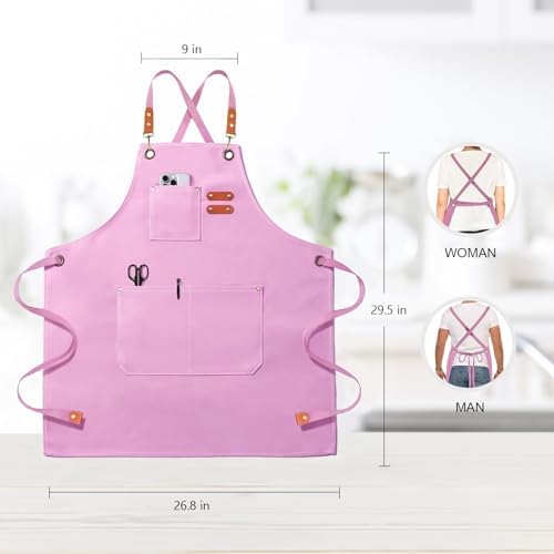 OUNLEN Chef Apron for Men Women Canvas Aprons with 3 Pockets Cross Back Resistant Work Apron for Cooking - Image 2