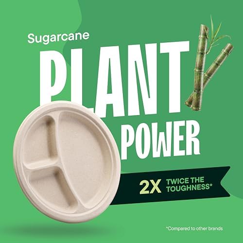 100% Compostable, 3 Compartment, Disposable Paper Plates [125-Pack] 9 Inch Heavy Duty Biodegradable Bagasse Sectional Lunch Trays + Dividers - Divided Platte Tray (PFAS Free) (BPA Certified) - Image 5