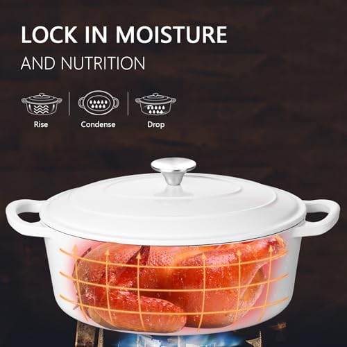 Leonyo 7-Quart Enameled Cast Iron Oval Dutch Oven Pot with Lid, White - Image 4