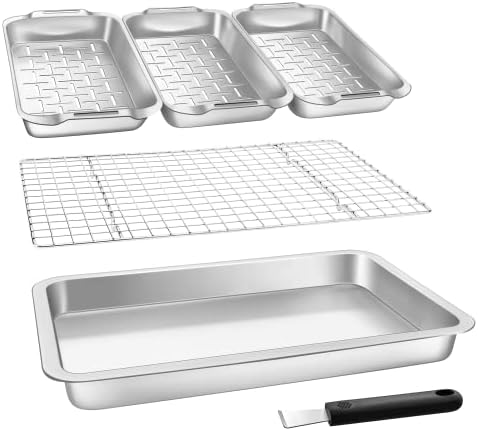 VIKEYHOME Grill Carry System, 6-Piece Stainless Steel Large Food Prep Tray, 16.5" x 11" Pan, Outdoor Grill with Cooling Rack for Vegetables, Fish, Meat, Great Grilling Gifts for Men by VIKEYHOME
