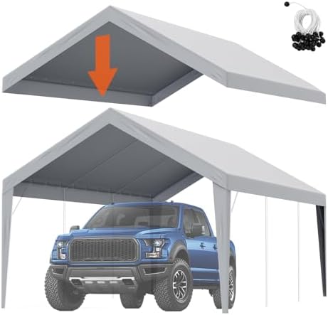 VEVOR Carport Replacement Canopy Cover 12 x 20 ft, Garage Top Tent Shelter Tarp Heavy-Duty Waterproof & UV Protected, Easy Installation with Ball Bungees,Grey (Only Top Cover, Frame Not Include) by VEVOR
