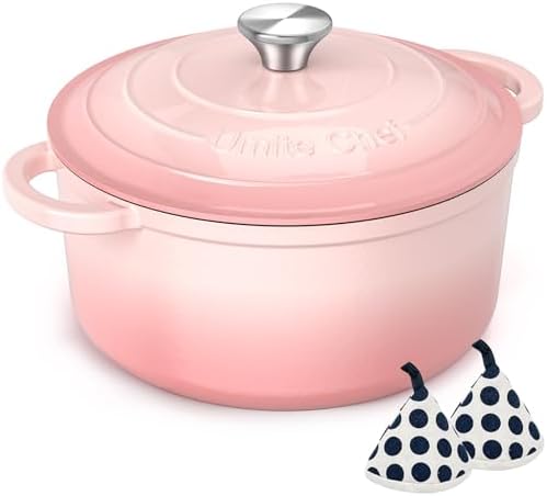 Umite Chef 5QT Enameled Cast Iron Dutch Oven Pot with Lid, Heavy-Duty Cookware for Bread Baking, Braising, Stews, Roasting, Wedding Registry Ideas & Gifts (Pink) by UmiteChef